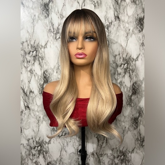 26” Balayage Light Blonde Wavy long Hair Wig & bangs Natural look for da… - Picture 4 of 10